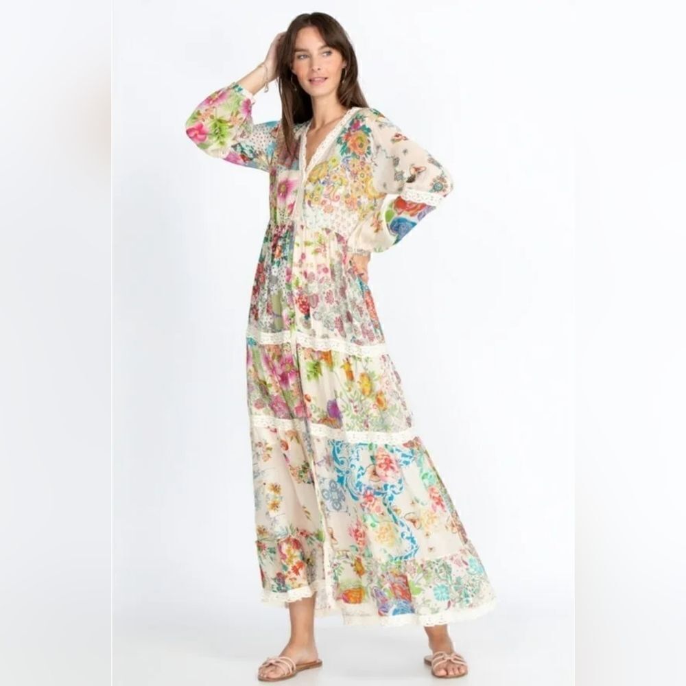 Johnny Was "Milana" Tiered Floral-print Maxi Dress/Duster with Lace Trim | L - Picture 3 of 15